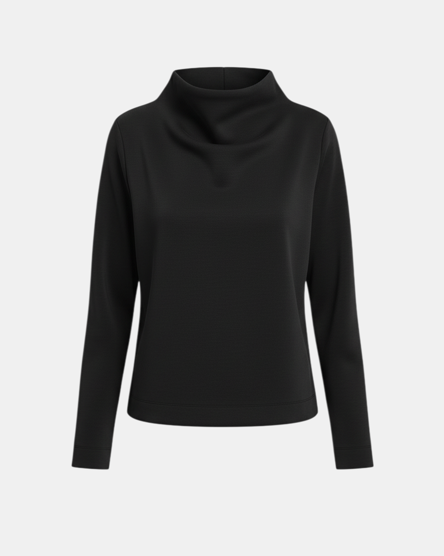 LEEZZA Ozai N Kü Goldie black scuba top with long sleeves and a high mock neck collar in a soft stretch fabric.