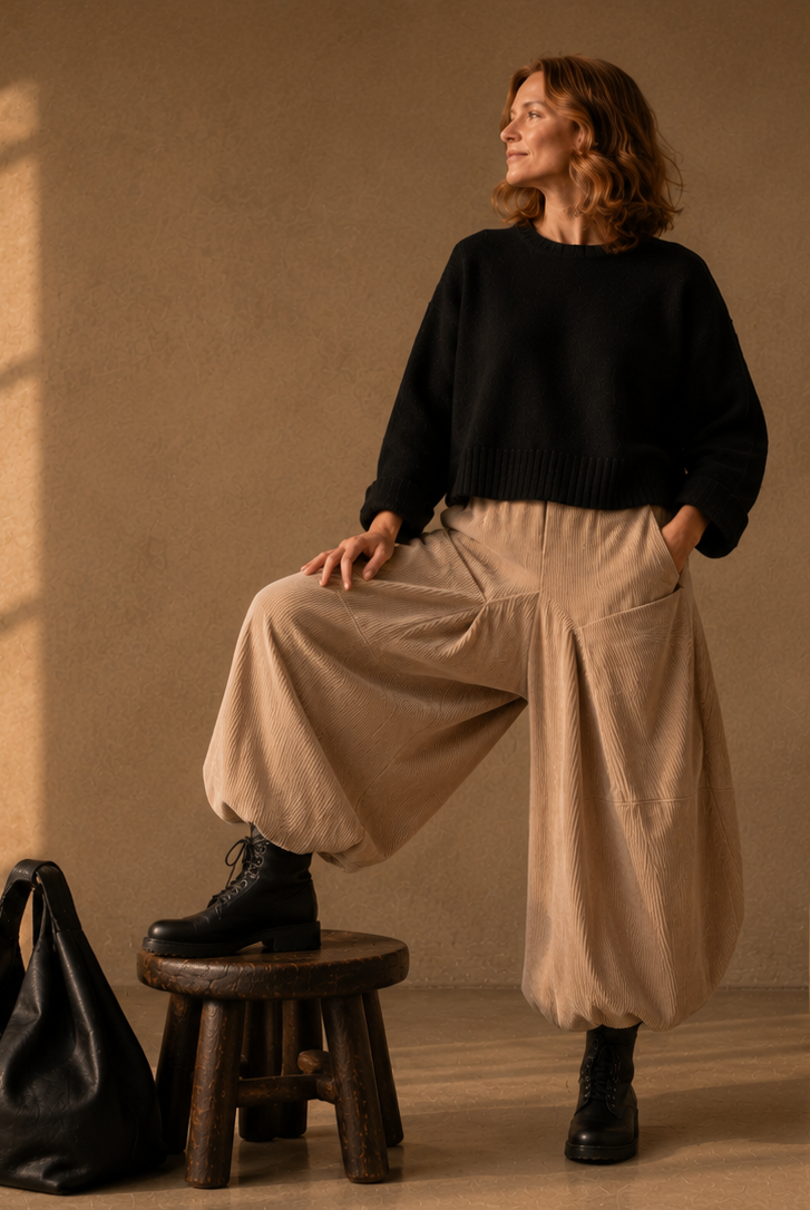 Beige ribcord broek met een zwarte pullover in een warm