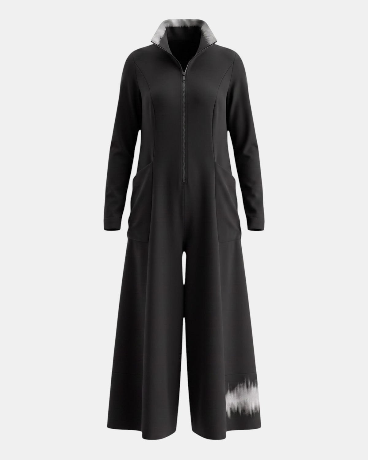 LEEZZA Ozai N Kü Gilda schwarzer Jumpsuit mit weiten Beinen, Frontreißverschluss und grauem Grafikdruck an Kragen und Saum.