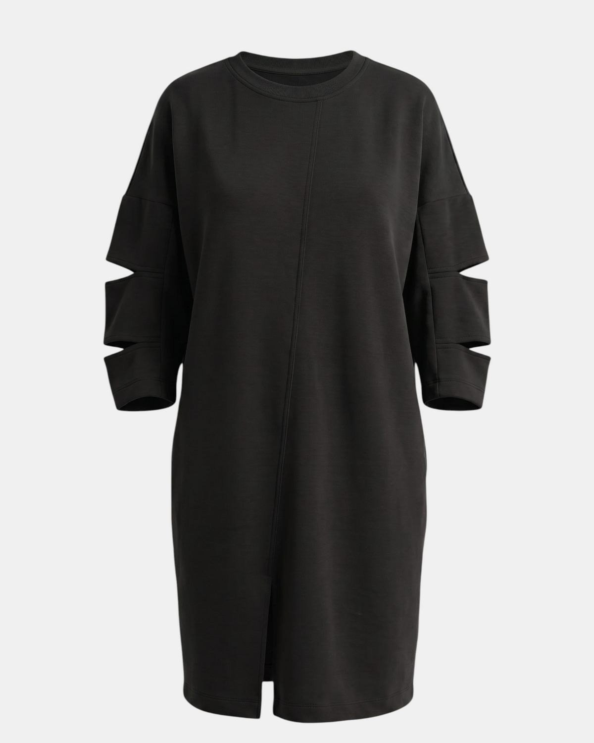 LEEZZA Ozai N Kü GEMMA schwarzes gerade geschnittenes Kleid mit Rundhalsausschnitt und Cut-out-Ärmeldetails aus weicher Stretch-Viskose