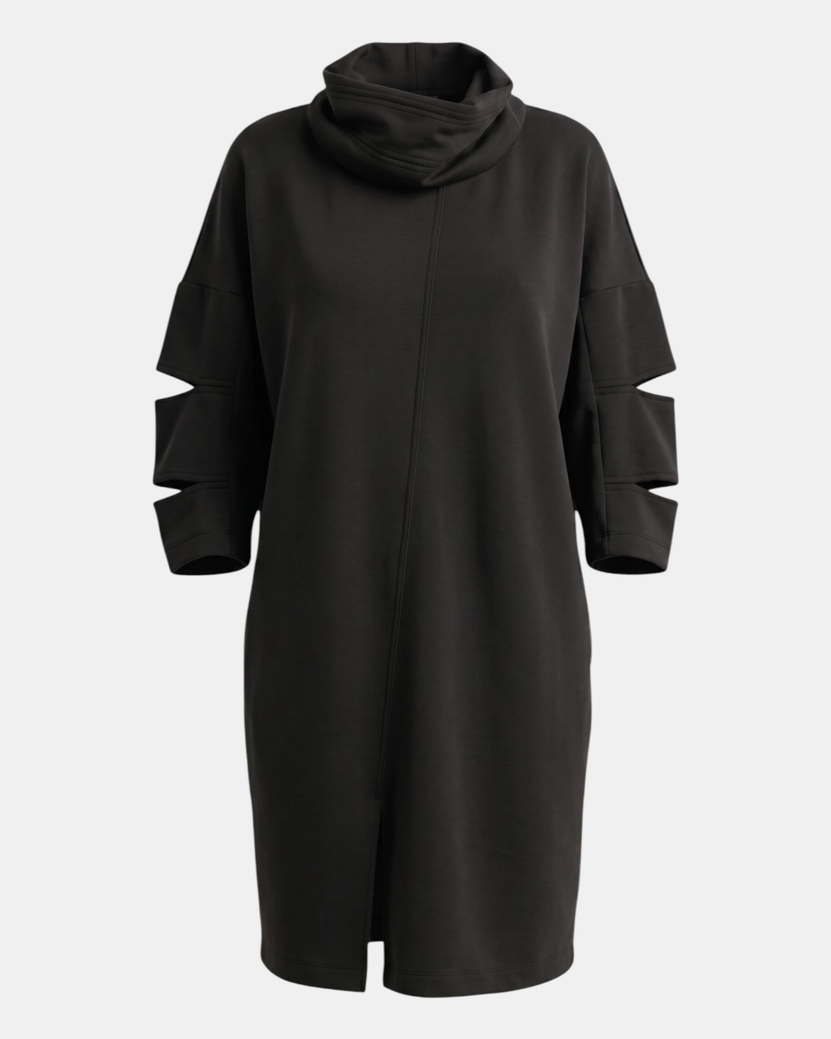 LEEZZA Ozai N Kü Gemma schwarzes, gerades Kleid mit Wasserfallausschnitt und Cut-out-Ärmeldetails aus weichem Stretch-Viskosematerial
