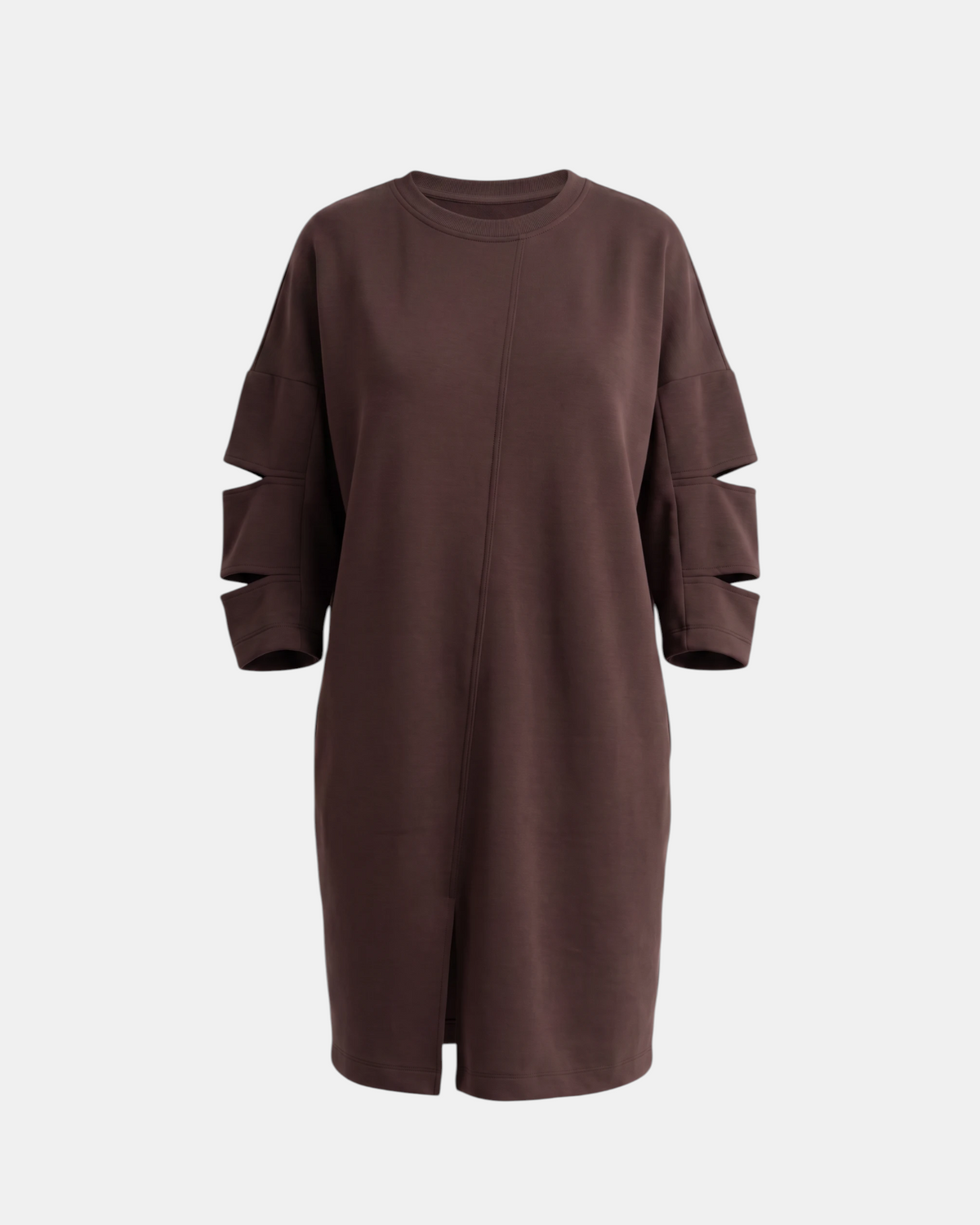 LEEZZA Ozai N Kü Gemma braunes gerade geschnittenes Kleid mit Rundhalsausschnitt und ausgeschnittenen Ärmeldetails aus weichem Stretch-Viskose-Mix