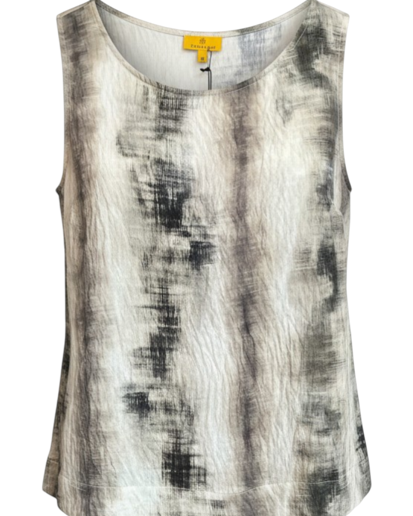 LEEZZA Yellow Label CELOS sleeveless top with a grey and black abstract print. Crew neck, relaxed fit.
