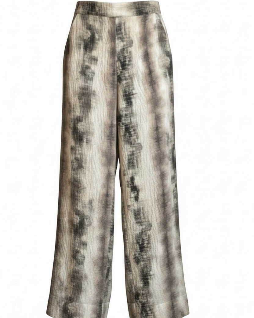 LEEZZA YELLOW LABEL wide-leg trousers with a textured abstract print in beige, black, and white.