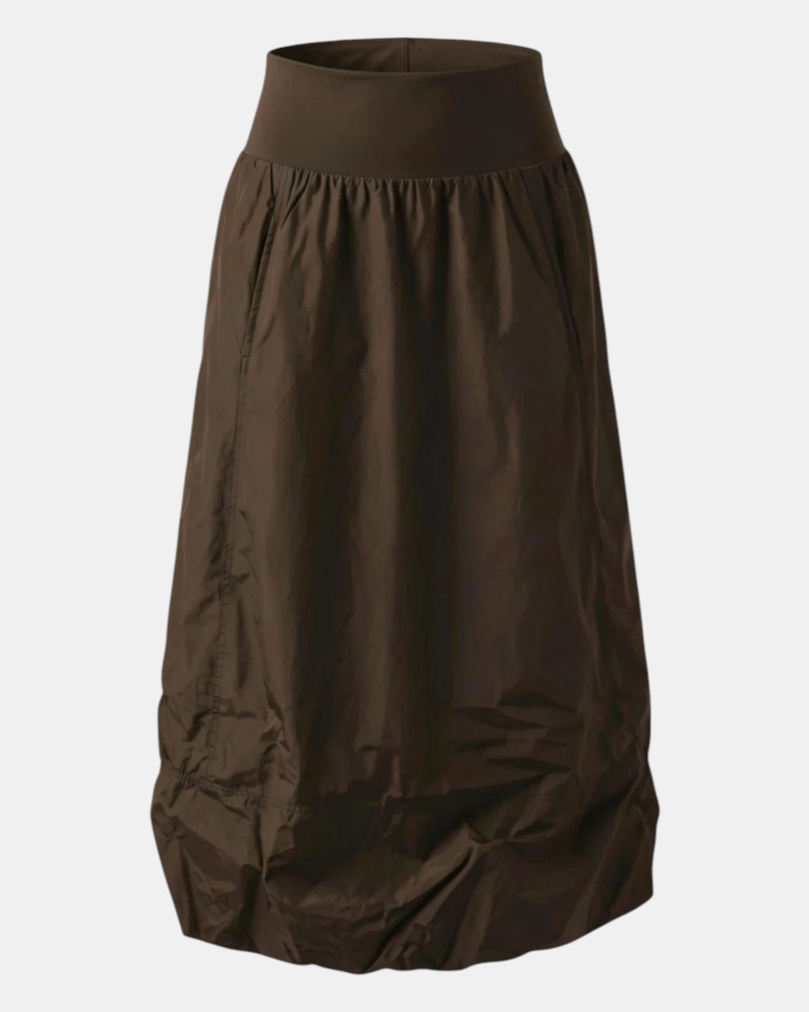 LEEZZA AMBER & MOON DEMI long brown scuba skirt with a comfortable elasticated waistband and modern silhouette.