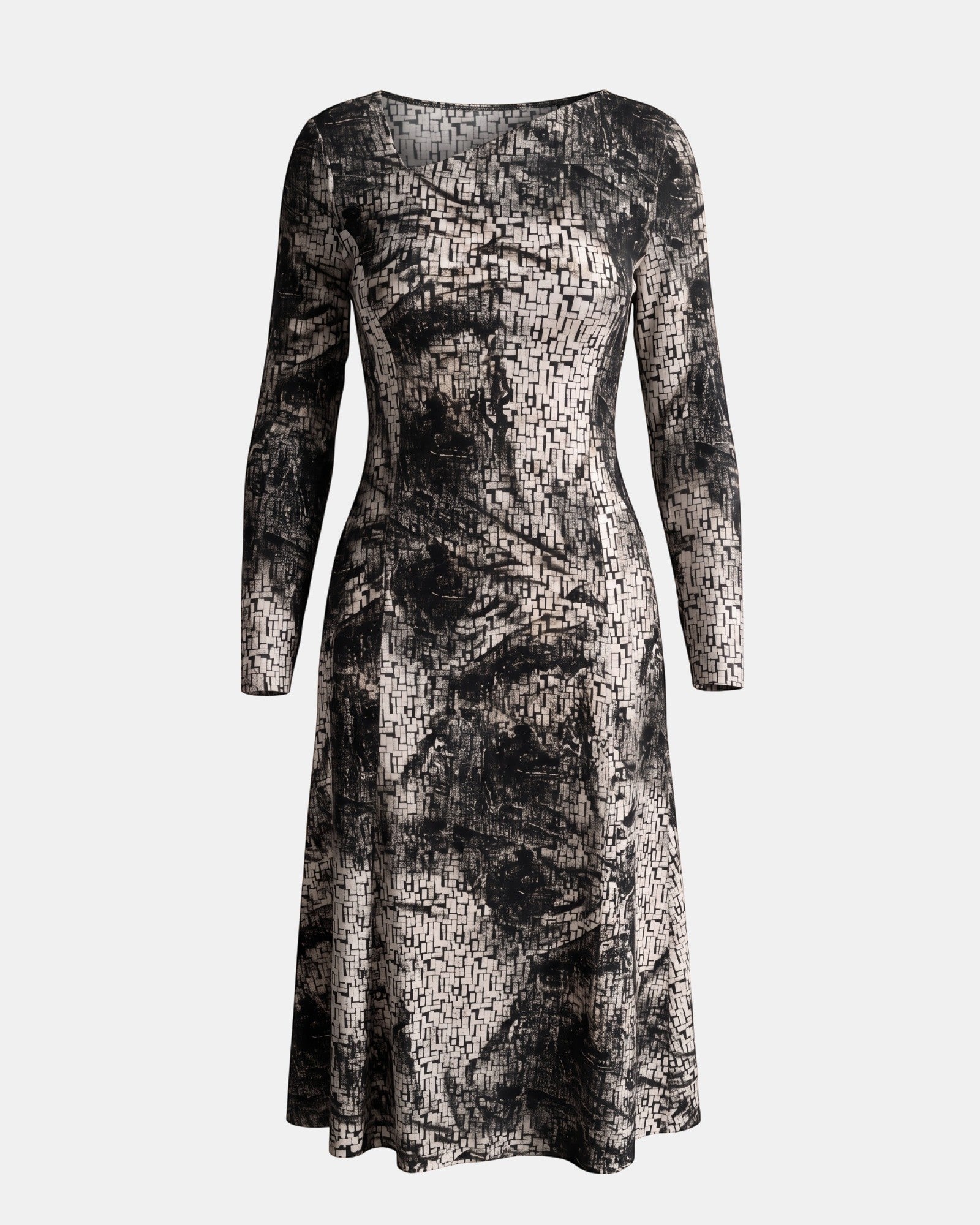 LEEZZA AMBER & MOON DORA long-sleeved dress in a beige and black jacquard jersey with a subtle abstract print.