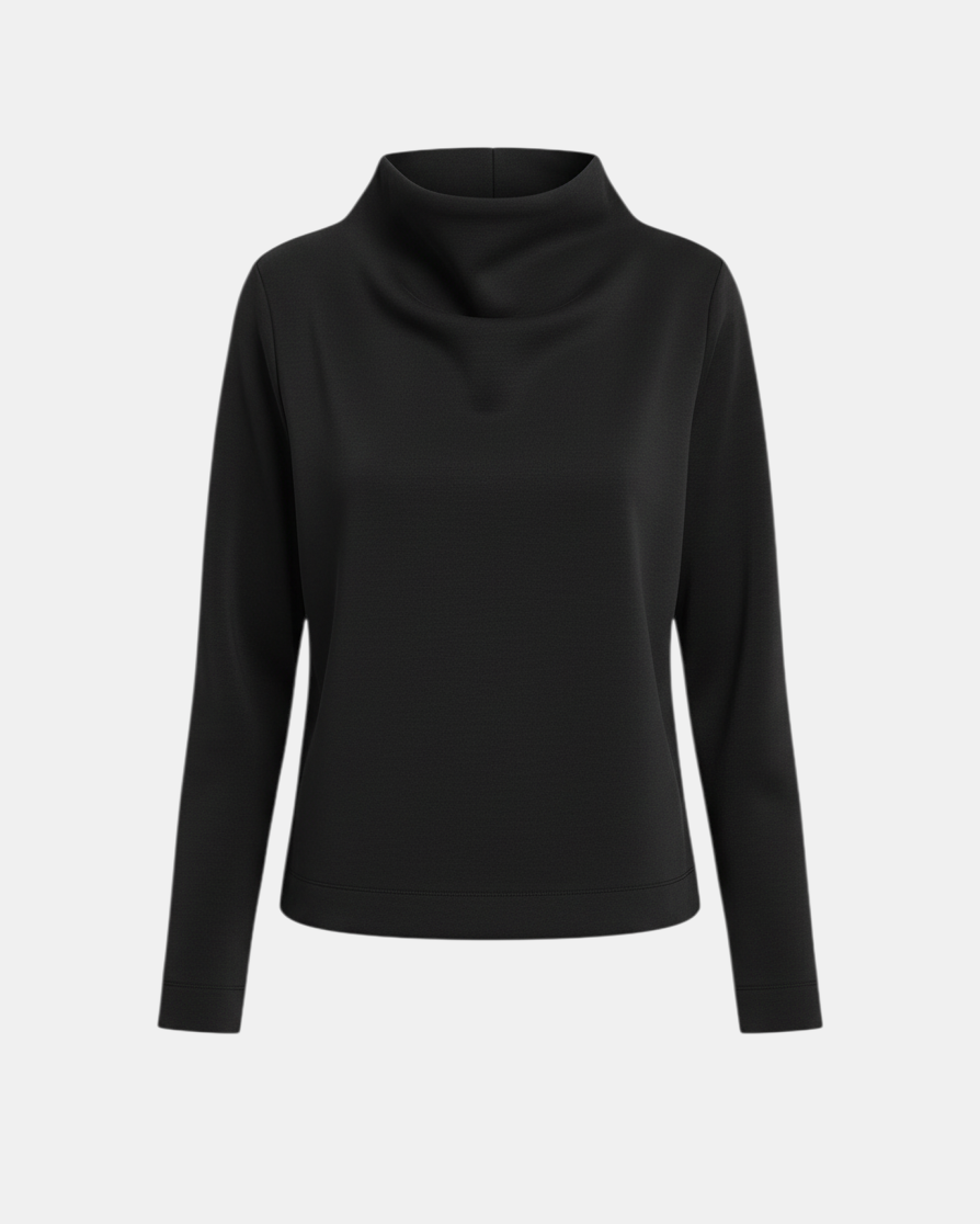 LEEZZA Ozai N Kü Goldie black scuba top with long sleeves and a high mock neck collar in a soft stretch fabric.