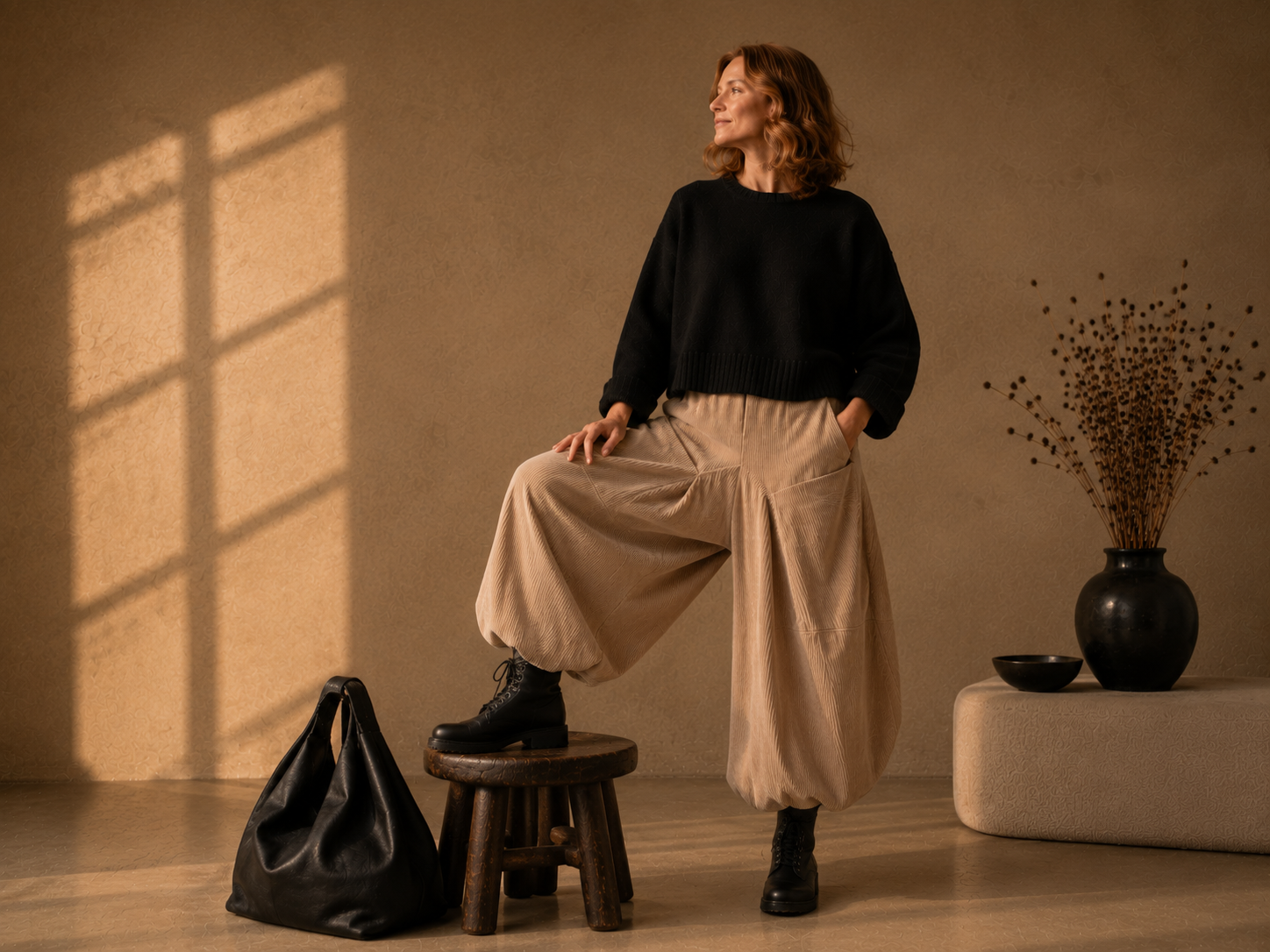 Beige ribcord broek met een zwarte pullover in een warm