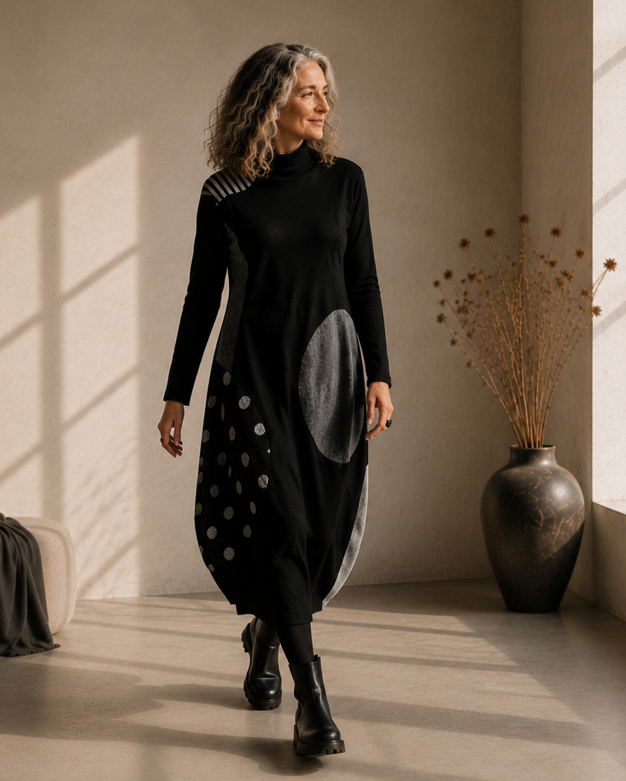 Schwarzes Designkleid von Urban by Alembika mit grafischen Details, getragen in einem warmen, minimalistischen Studio.