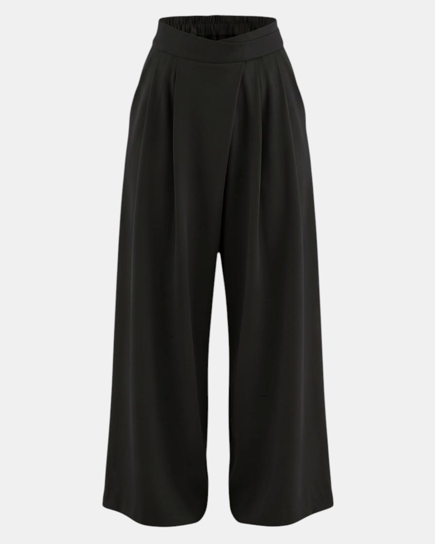 LEEZZA Ozai N Kü GALA schwarze Wide-Leg-Hose mit drapiertem Wickelbund und bequemem Stretch-Viskosematerial.