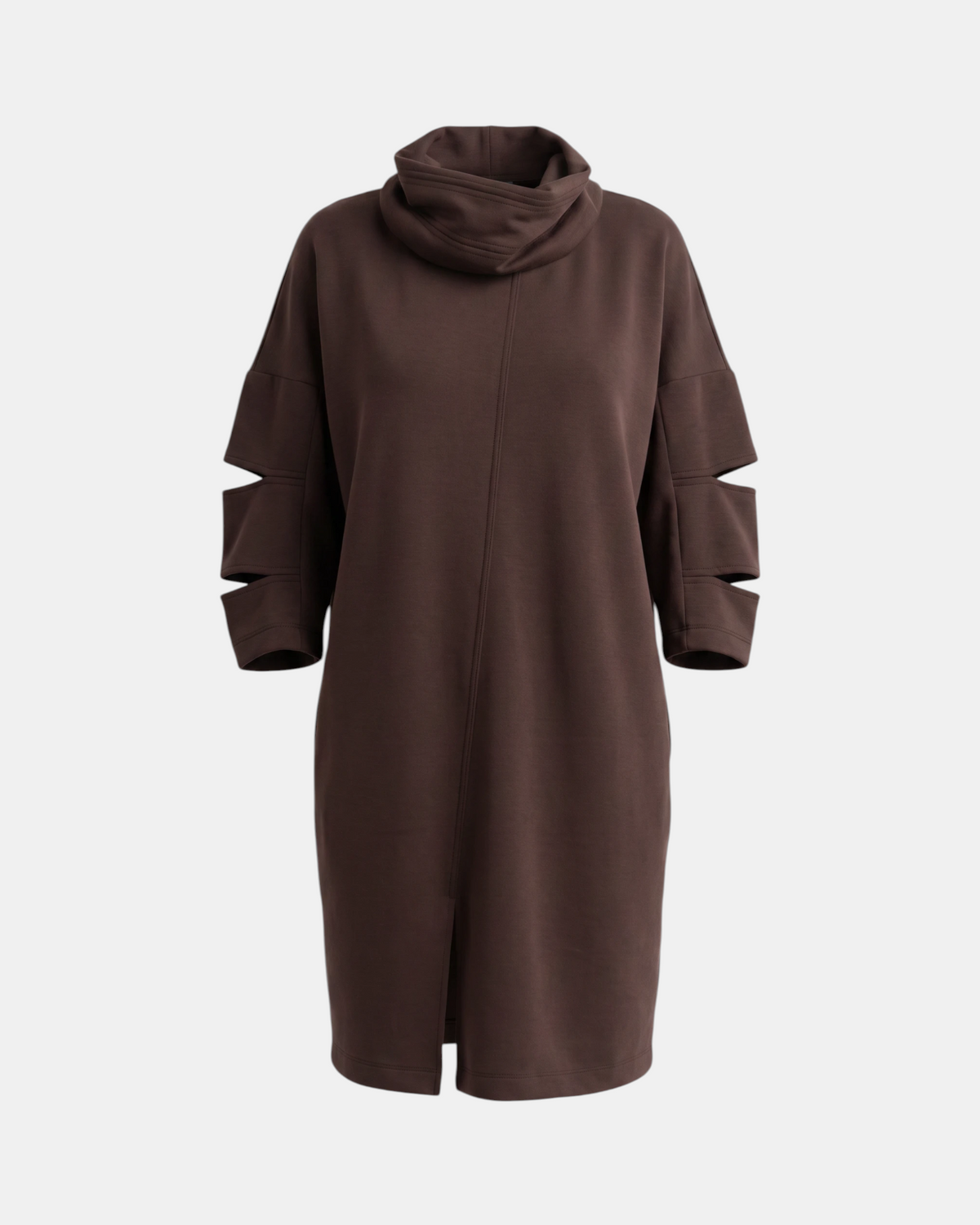 LEEZZA Ozai N Kü GEMMA braunes, gerades Kleid aus weichem Viskose-Stretch-Mix mit Wasserfallausschnitt und Cut-out-Ärmeldetails
