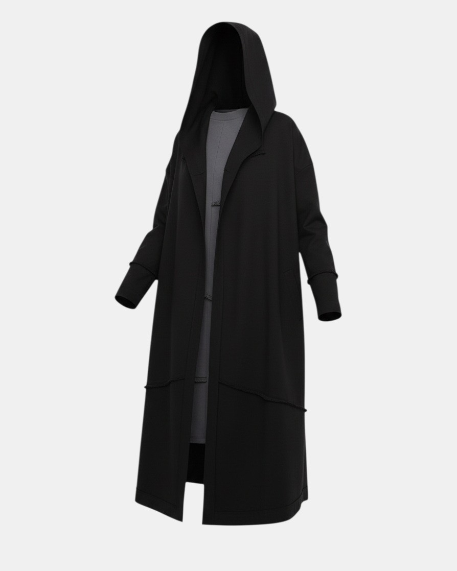 LEEZZA OZAI N KÜ lange schwarze Punto-Viskoseweste mit großer Kapuze und minimalistischer Oversize-Silhouette.