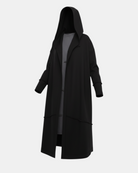LEEZZA OZAI N KÜ lange schwarze Punto-Viskoseweste mit großer Kapuze und minimalistischer Oversize-Silhouette.