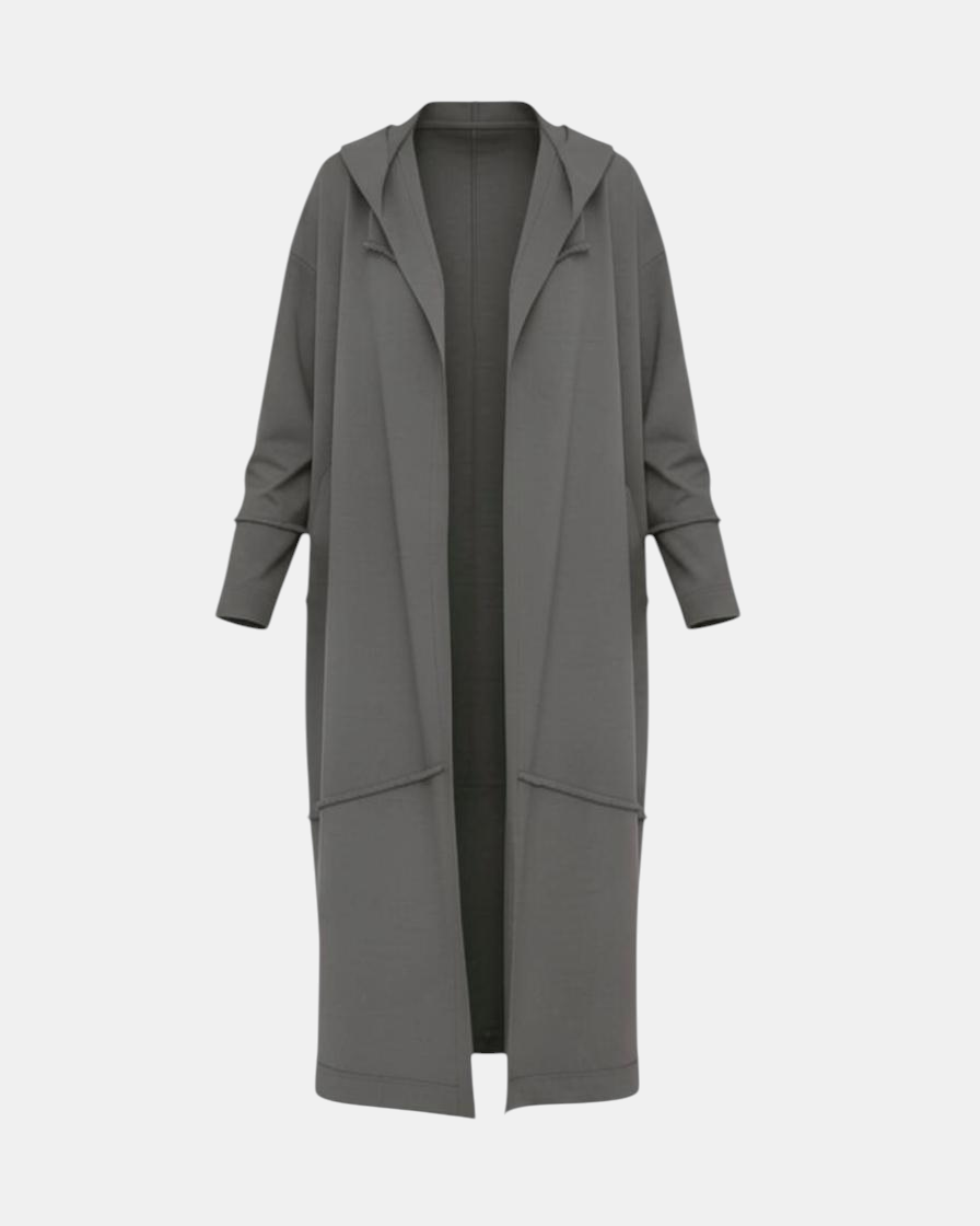 LEEZZA Ozai N Kü lange graue Punto-Weste mit Kapuze, minimalistischem Design und Seitentaschen in Oversize-Passform.