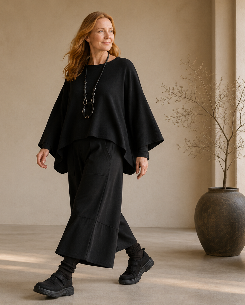 Frau in schwarzem Sort Aarhus-Outfit aus der neuen Herbstkollektion bei LEEZZA