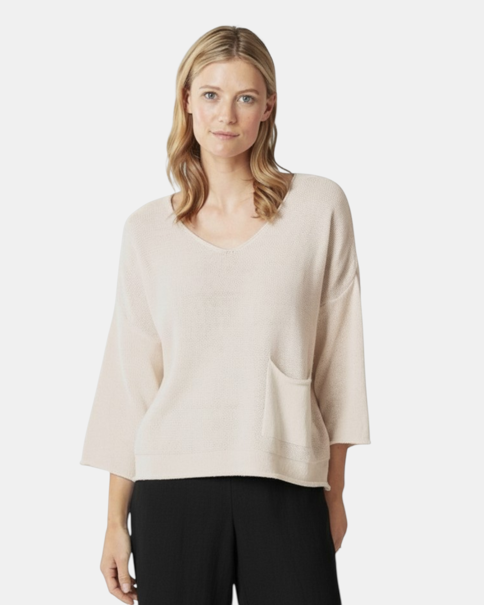 LEEZZA beige cotton-blend pullover with V-neck, 3/4 sleeves, and a chest pocket.