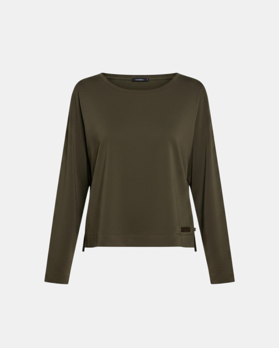 LEEZZA Amber & Moon DANI long-sleeve boxy pullover in olive green scuba fabric with a round neckline and side slits.