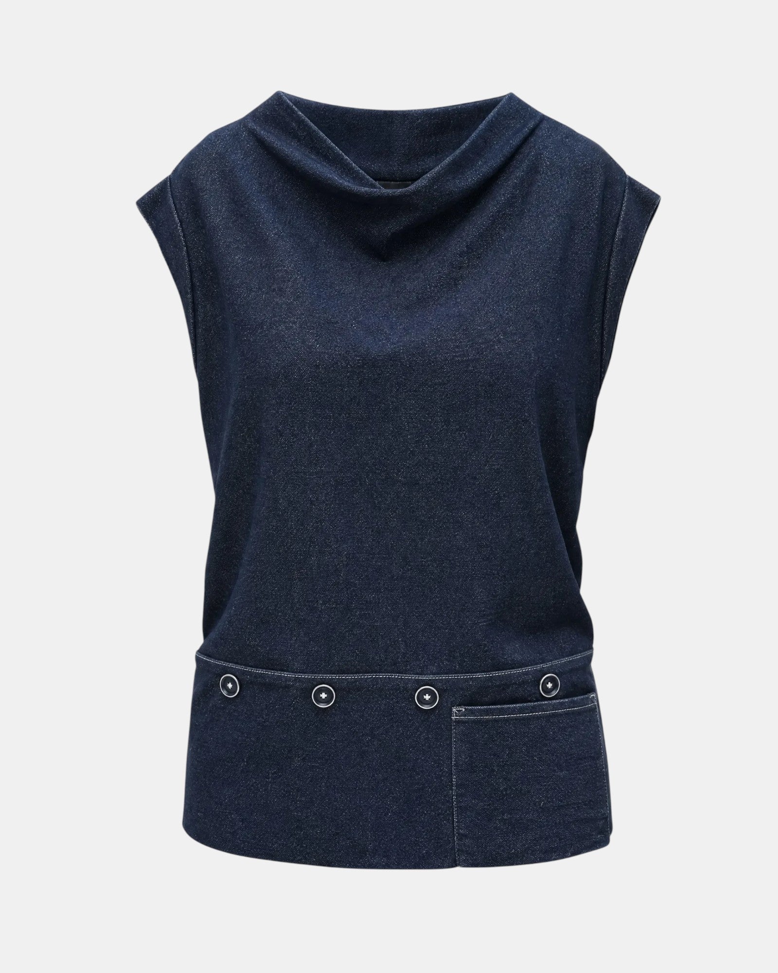 LEEZZA LOTUS EATERS ärmelloses dunkelblaues Denim-Top mit drapiertem Ausschnitt, geknöpftem Saumdetail und Fronttasche.