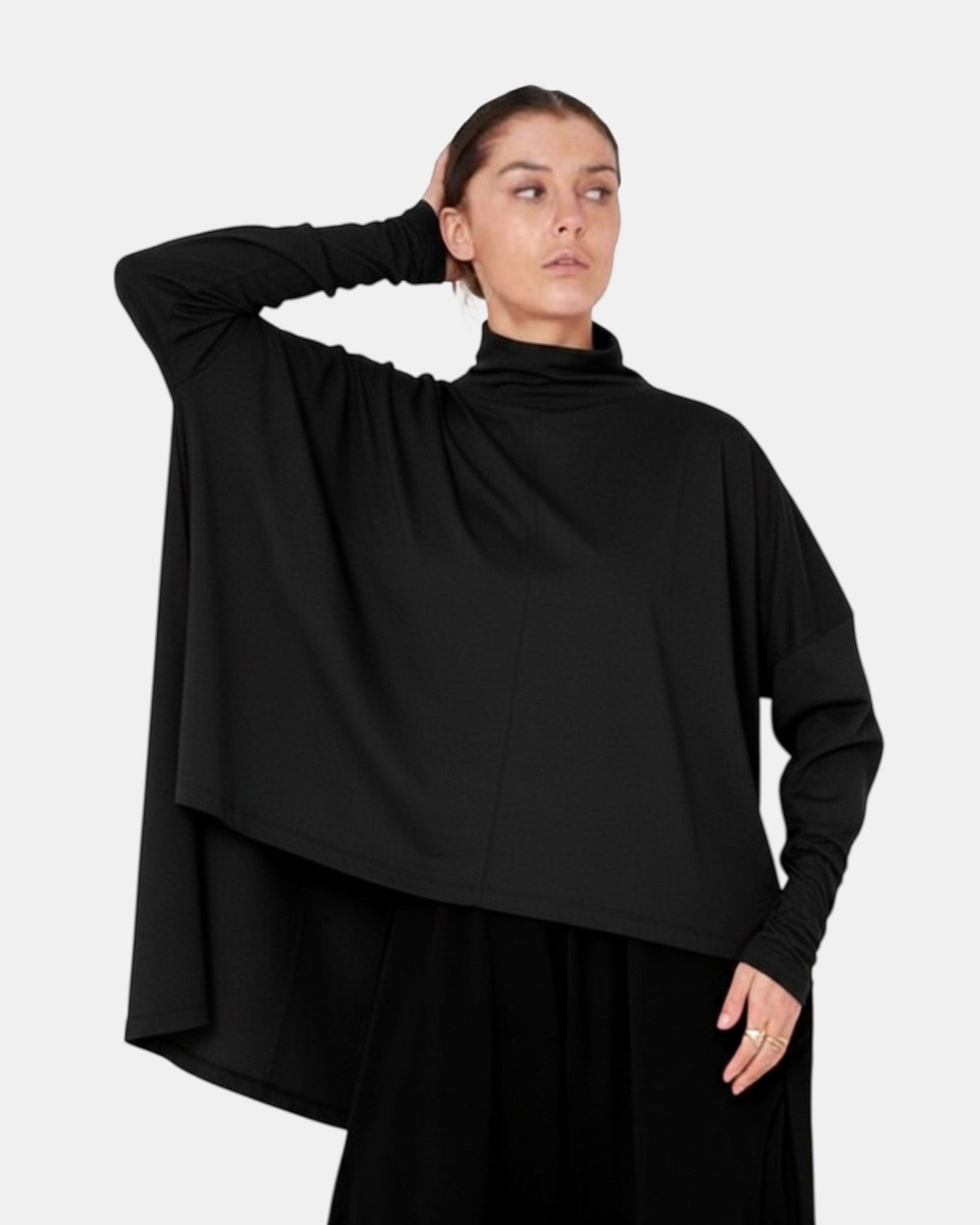 LEEZZA SORT AARHUS black oversized organic cotton jersey top with a high neck and long drop-shoulder sleeves